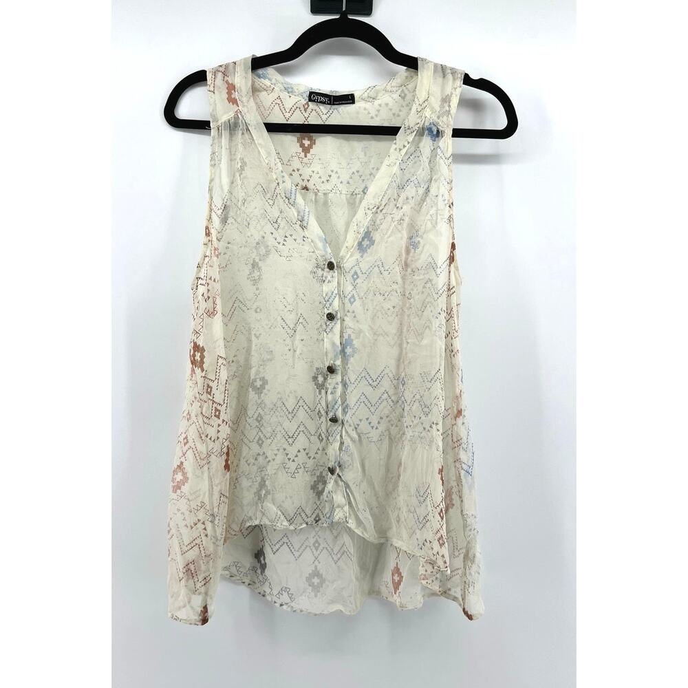 Gypsy 05 Hollywood Silk Sheer Aztec Sleeveless Blouse V-Neck Boho Tunic